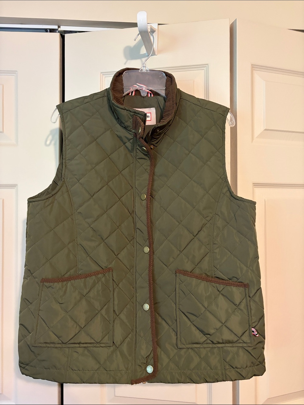 Hunter Brand Quilted Olive Green Vest with Brown Trim